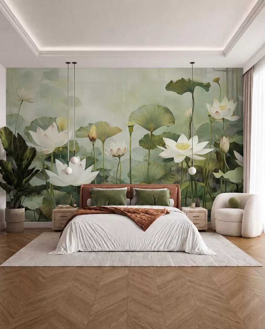 wall murals Lotus flowers in the lake, jungle, tropical art, greenery u99454d1