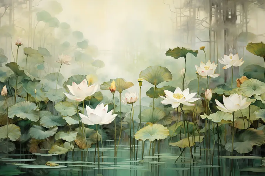 wall murals Lotus flowers in the lake, jungle, tropical art, greenery u99454