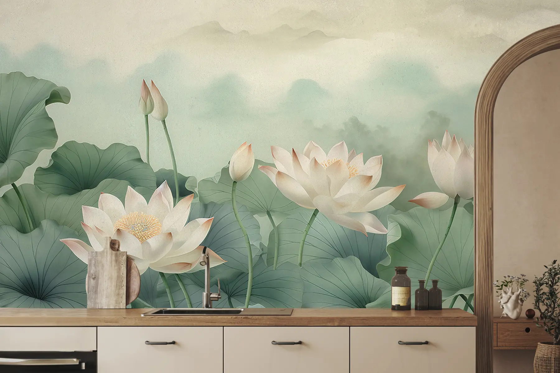 wall murals Lotus flowers in the lake, mist, tropical art, greenery u99455