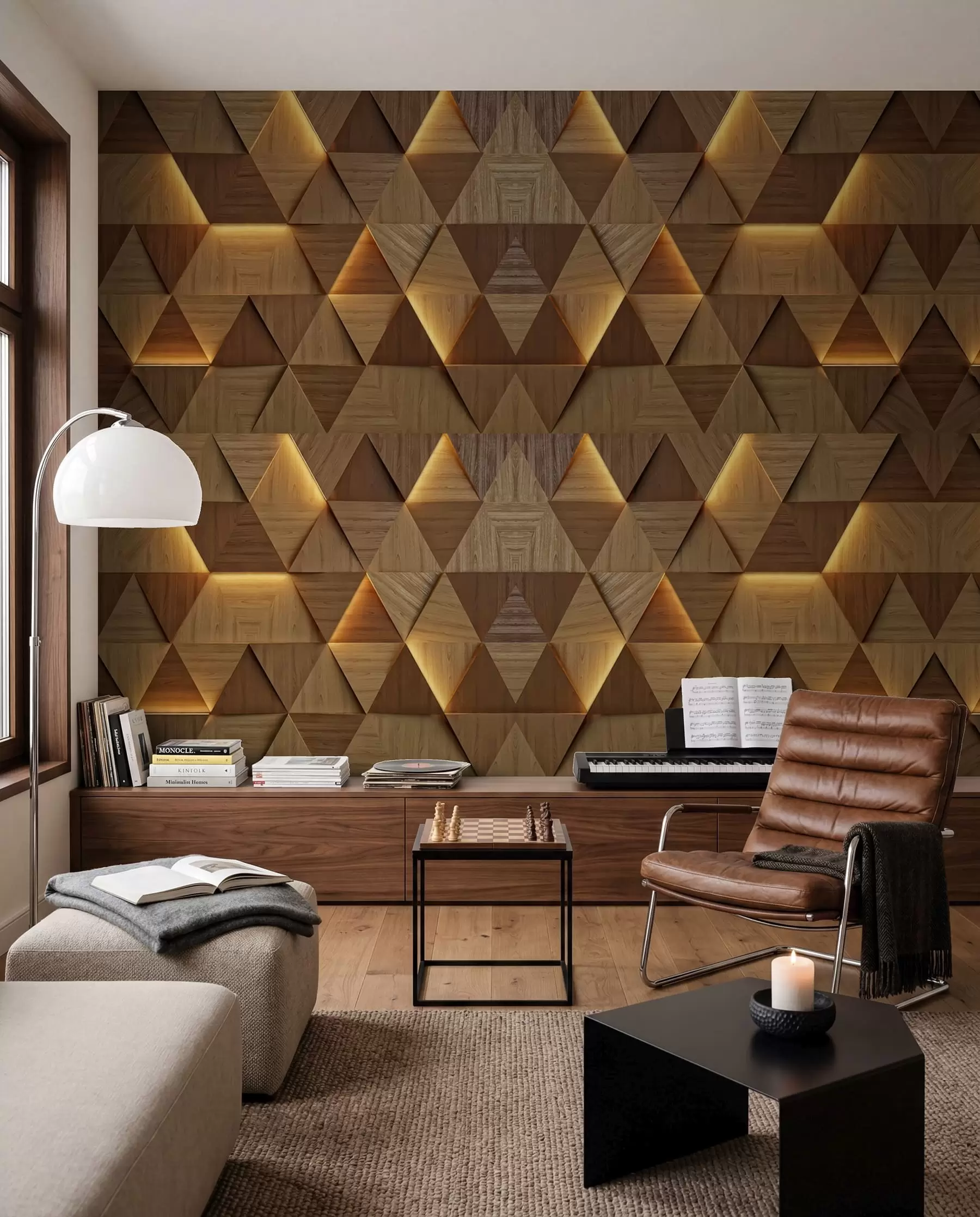 wall murals Classic wooden triangles with 3D illumination u99280