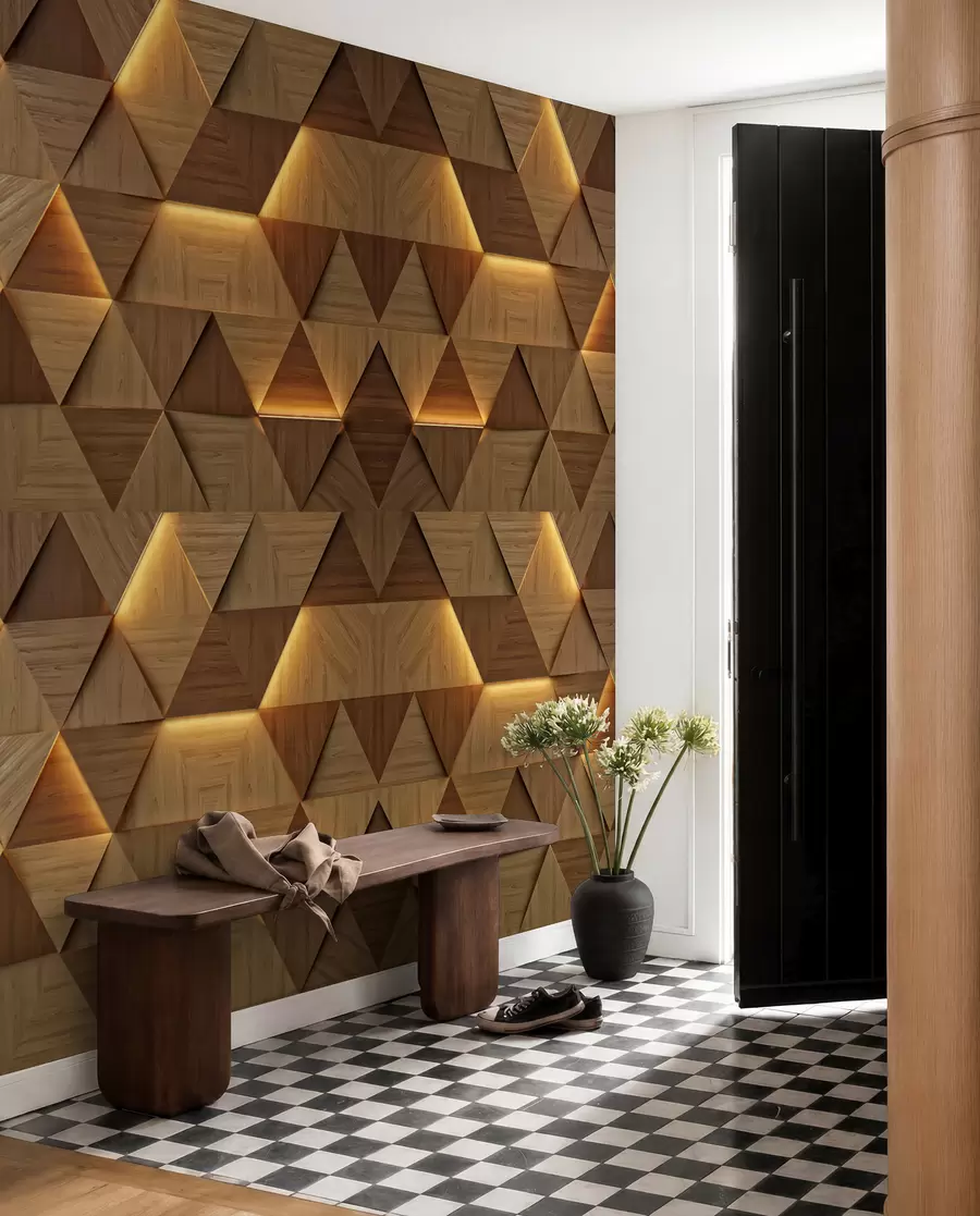 wall murals Classic wooden triangles with 3D illumination u99280