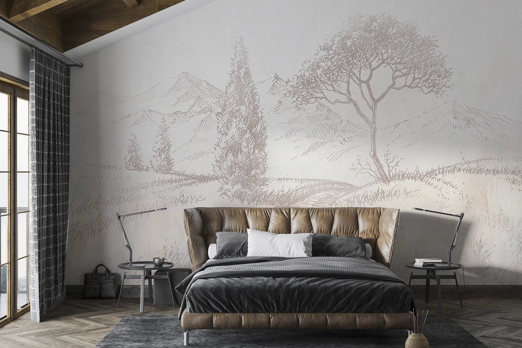 wall murals Toscana landscape, tree, field, minimalism, natural beige colors u99570