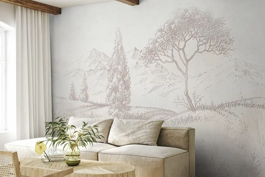 wall murals Toscana landscape, tree, field, minimalism, natural beige colors u99570