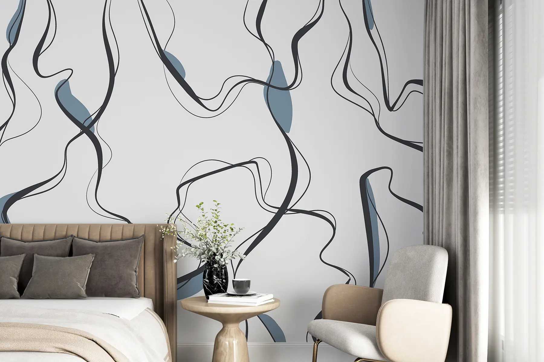 wall murals Ink drawing art, abstract pattern, geometric lines, grey and blue u99659