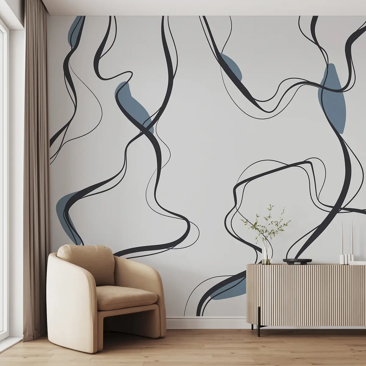 wall murals Ink drawing art, abstract pattern, geometric lines, grey and blue u99659
