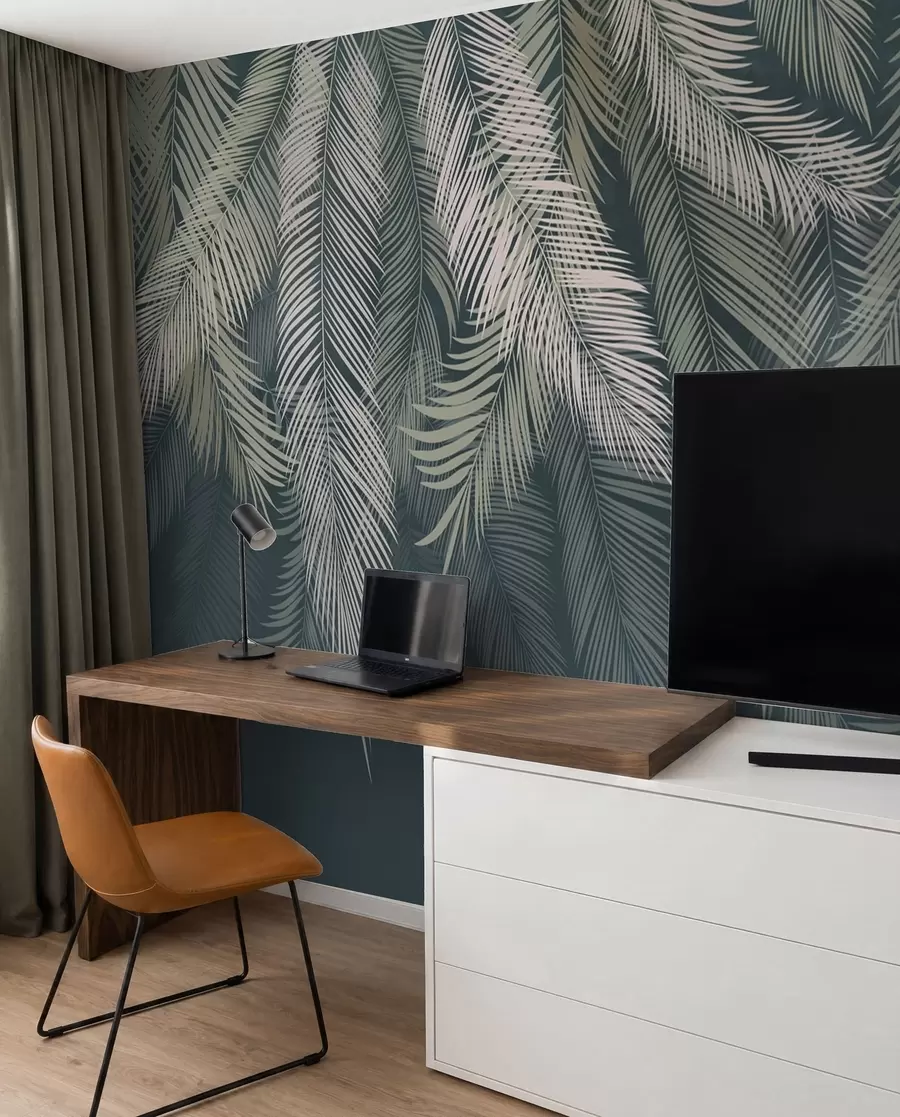 wall murals Palm leaves on a dark green background u48556v2d2