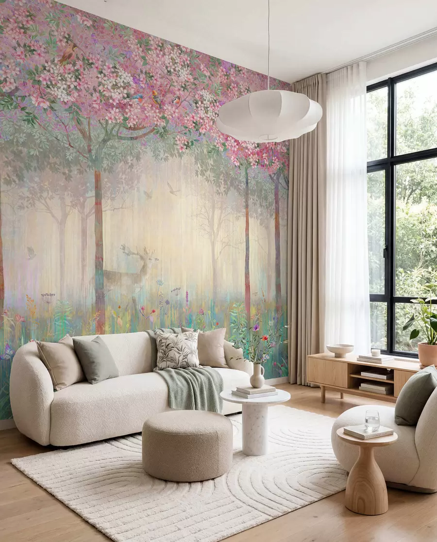 wall murals Flowering trees with long trunks, deer between the trees u62100d2